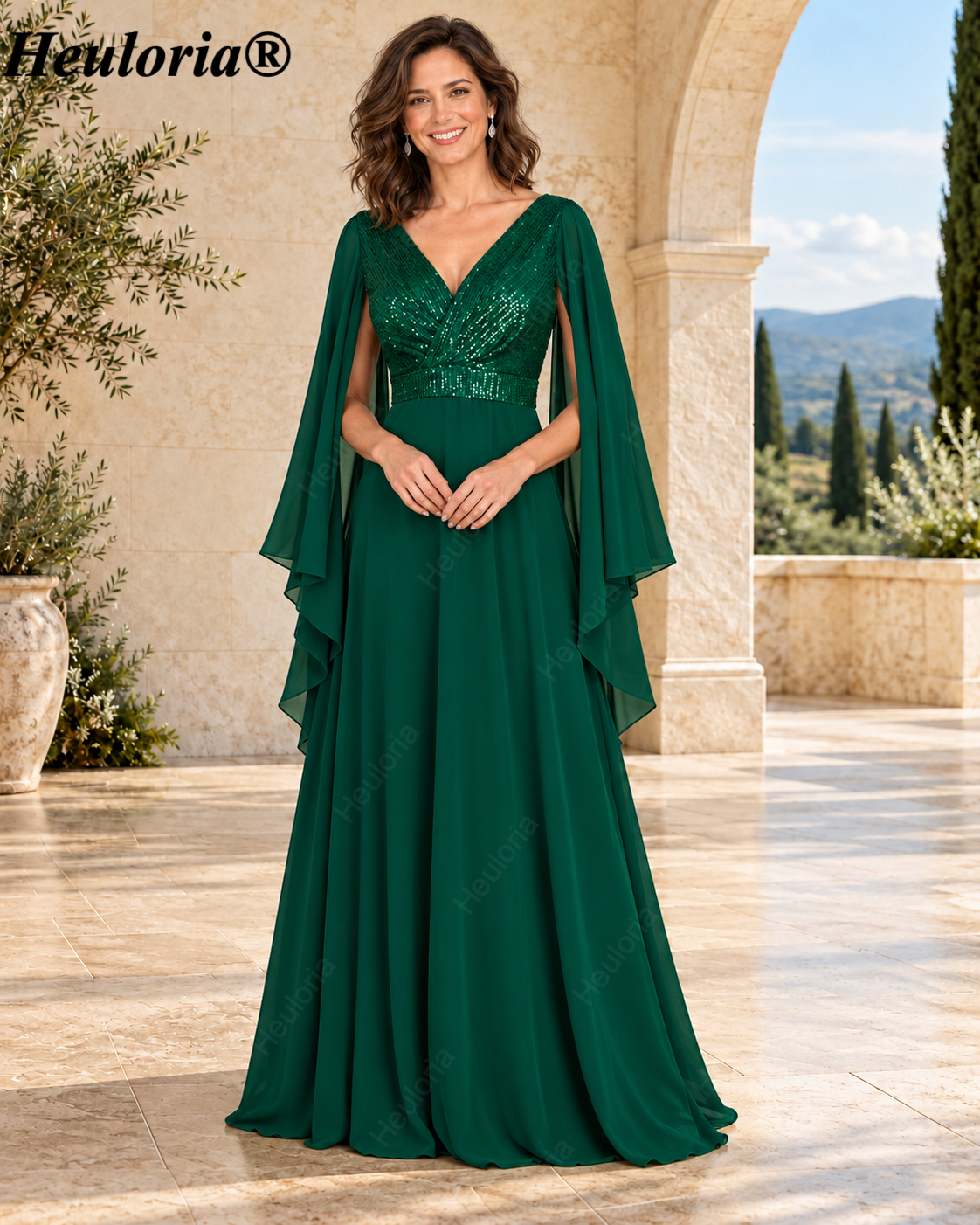 heuloria-V-Neck Sequin Chiffon A-Line Evening Dress with Cape Sleeves-ed-379