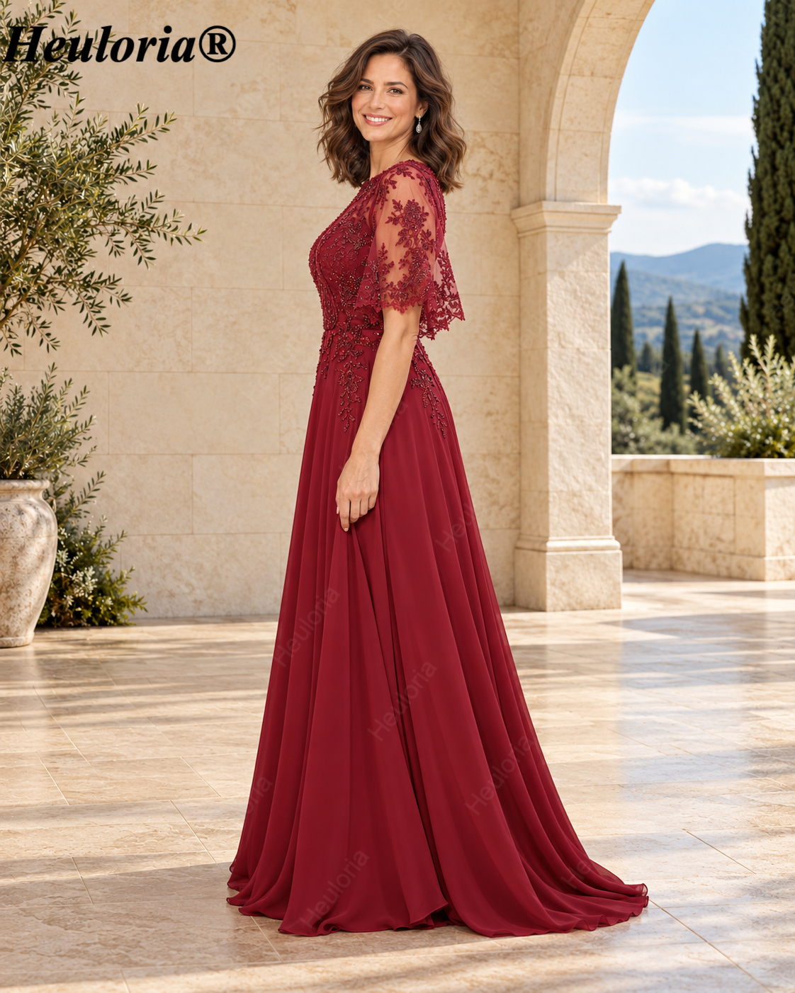 heuloria-Lace Applique Chiffon A-Line Mother of the Bride Dress with Cape-ed-378