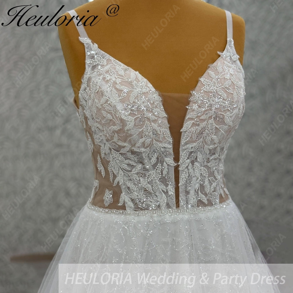 HEULORIA Shimmering Sequin Tulle A-Line Wedding Dress with Plunging V-Neck and Spaghetti Straps AL-1097