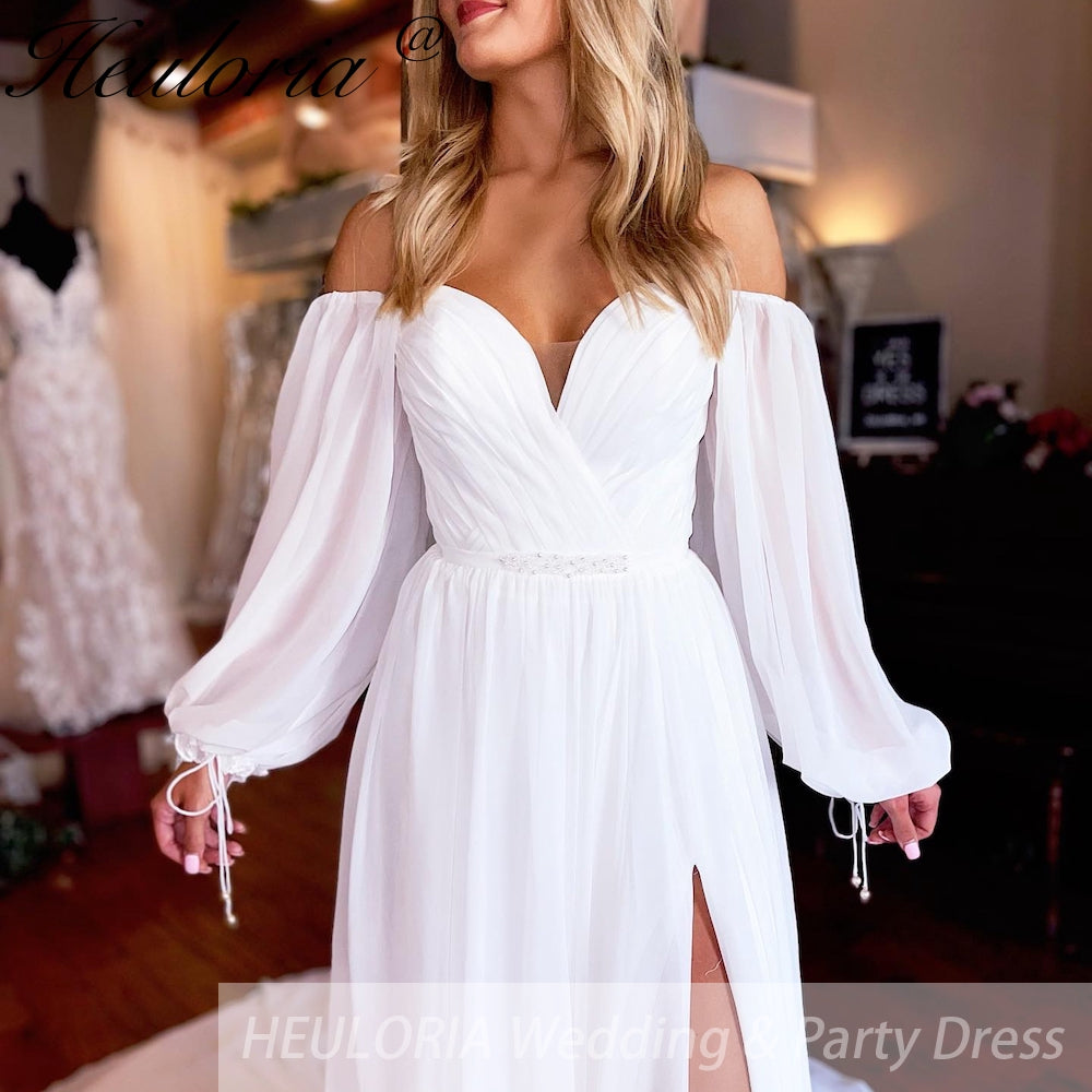 HEULORIA Off the Shoulder Chiffon Split Boho A Line Wedding Dress Long Puff Sleeve Appliques Beach Robe Vestido Civil AL-QK280 Secondary image