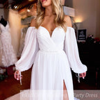 HEULORIA Off the Shoulder Chiffon Split Boho A Line Wedding Dress Long Puff Sleeve Appliques Beach Robe Vestido Civil AL-QK280