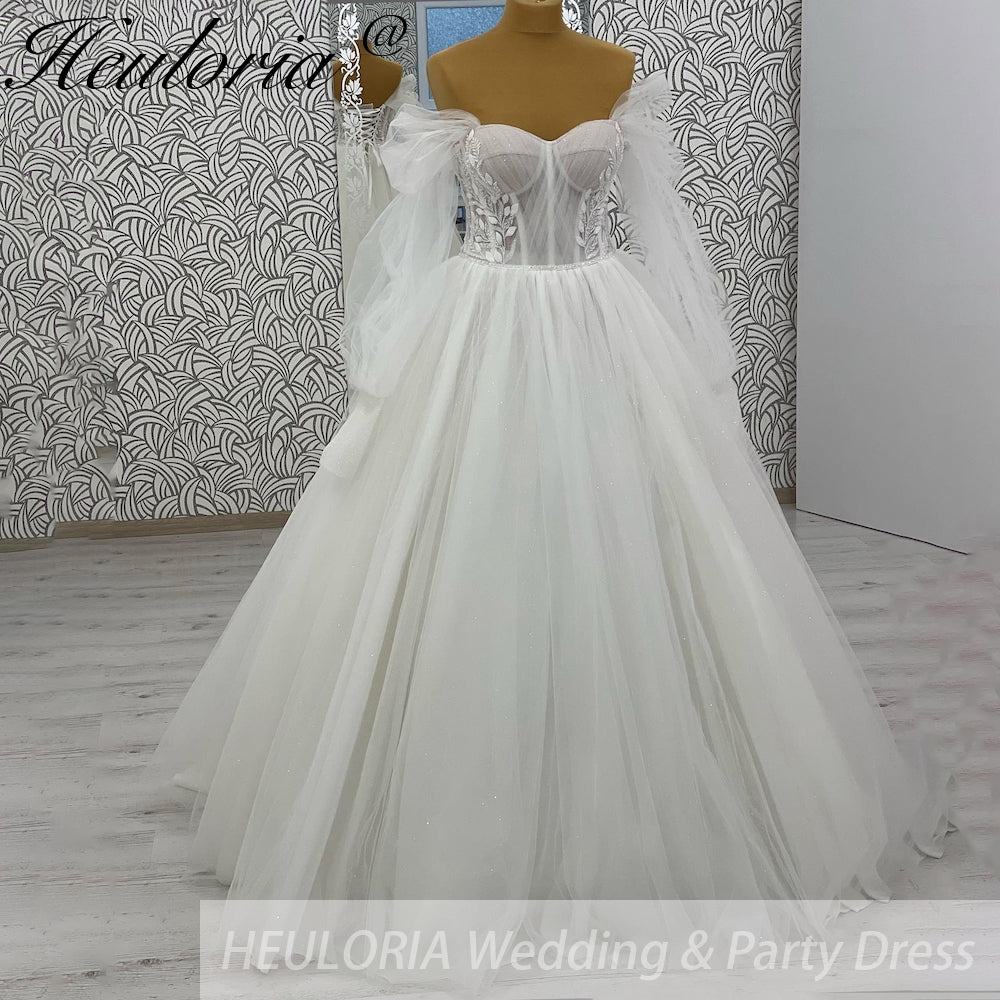 HEULORIA elegant A line wedding dress off shoulder Sparkly Glitter lace bridal dress long sleeve Robe De Mariee Wedding Bride Dress long train AL-1035