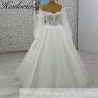 HEULORIA elegant A line wedding dress off shoulder Sparkly Glitter lace bridal dress long sleeve Robe De Mariee Wedding Bride Dress long train AL-1035