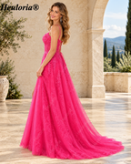 HEULORIA Fuchsia Lace A-Line Prom Dress with Illusion Corset Bodice and Lace-Up Back ED-374