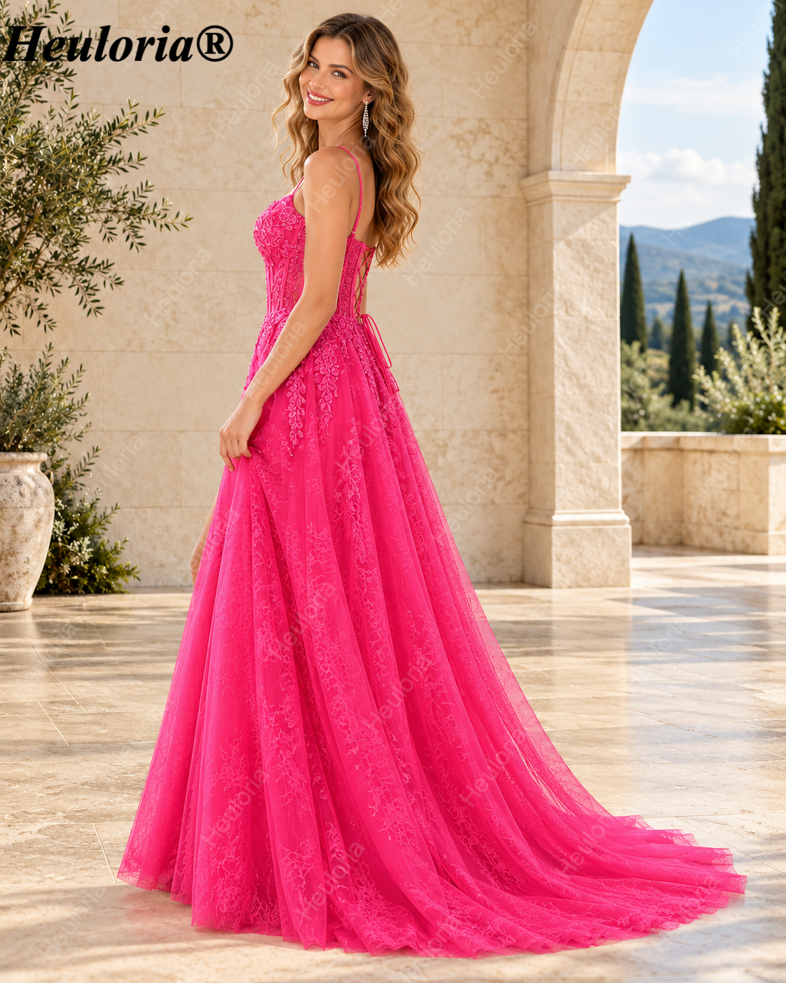 HEULORIA Fuchsia Lace A-Line Prom Dress with Illusion Corset Bodice and Lace-Up Back ED-374