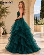 HEULORIA Sparkly Floral Applique Tiered Tulle Ball Gown Prom Dress with Lace-Up Back ED-409