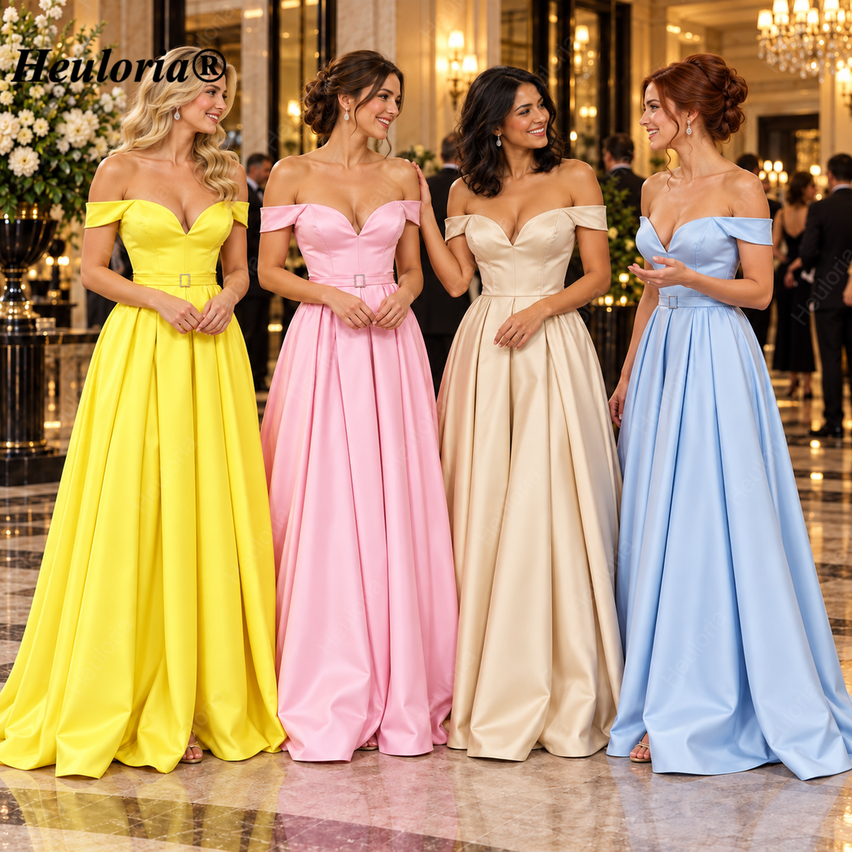 HEULORIA Champagne Off-Shoulder Pleated Satin Ball Gown Prom Dress with High Slit – ED-26