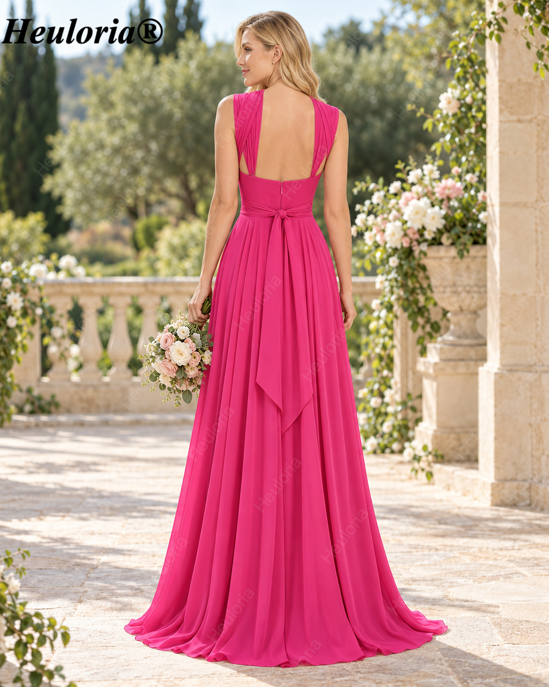 HEULORIA Fuchsia V-Neck Ruched Chiffon A-Line Bridesmaid Dress with Open Back – ED-257 Immagine secondaria del prodotto