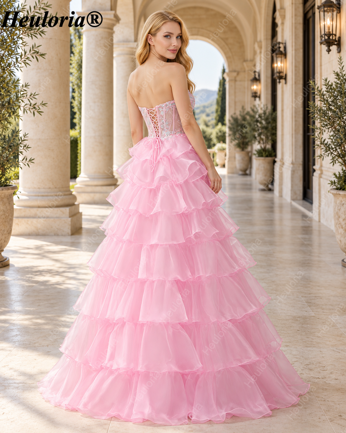heuloria Strapless Tiered Ruffle Prom Dress with Sheer Corset Bodice ed-510