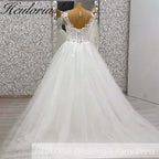 HEULORIA A line Wedding Dress V Neck Sleeveless Boho Lace Appliques Tulle Long Bridal Gowns  Customized AL-1000