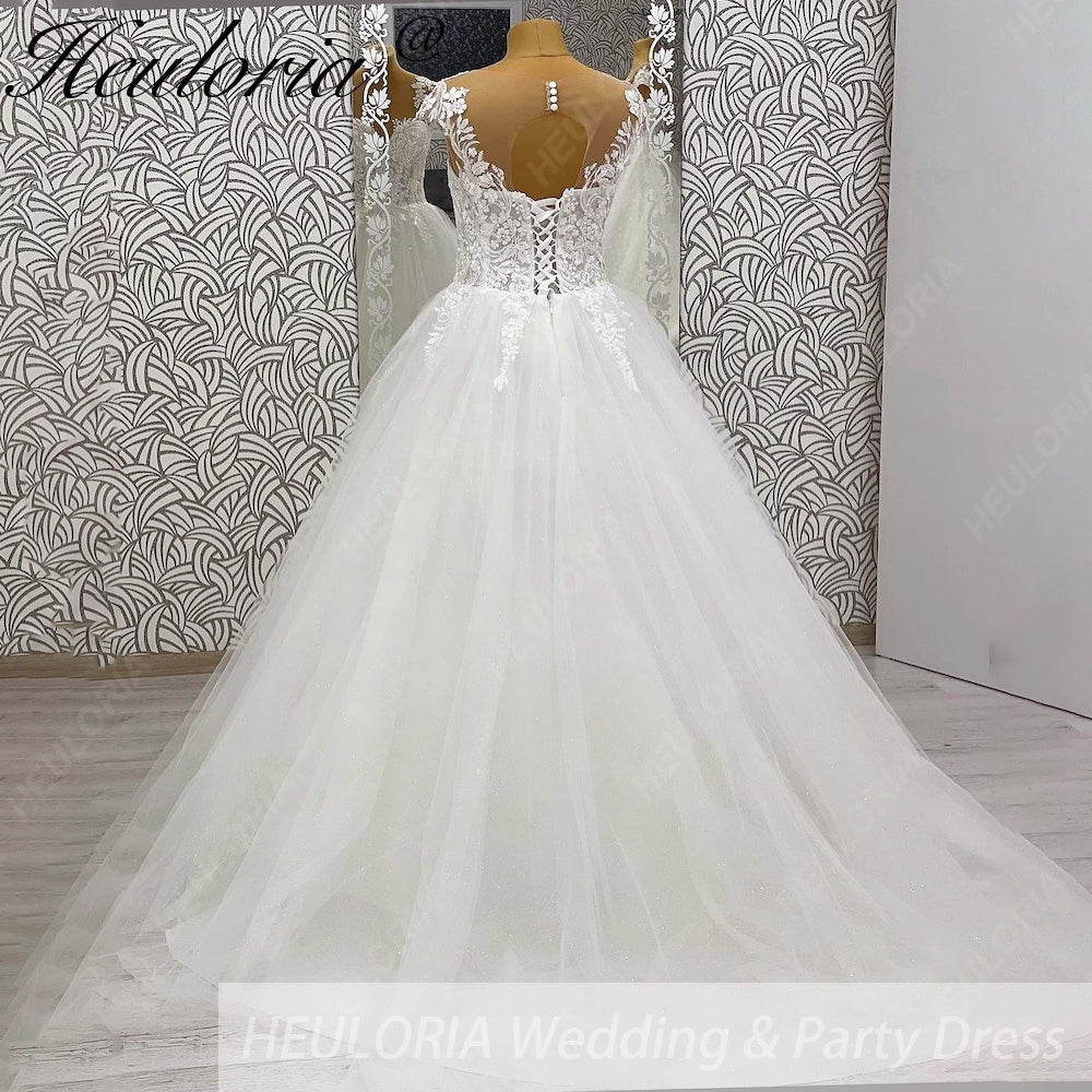 HEULORIA A line Wedding Dress V Neck Sleeveless Boho Lace Appliques Tulle Long Bridal Gowns  Customized AL-1000