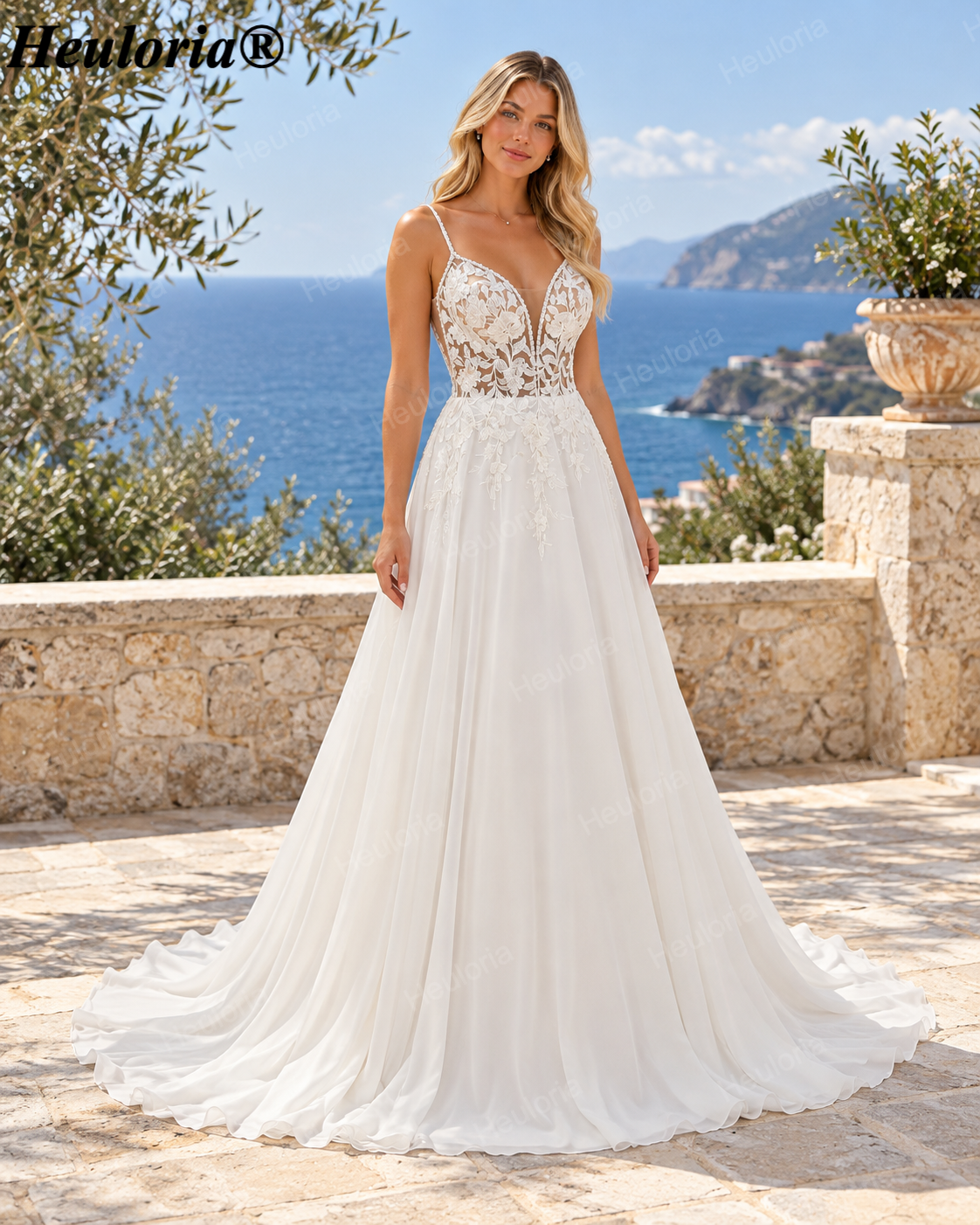 Deep V Lace Chiffon Spaghetti Strap A-Line Wedding Dress AL-997 Imagen principal del producto