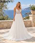 Deep V Lace Chiffon Spaghetti Strap A-Line Wedding Dress AL-997