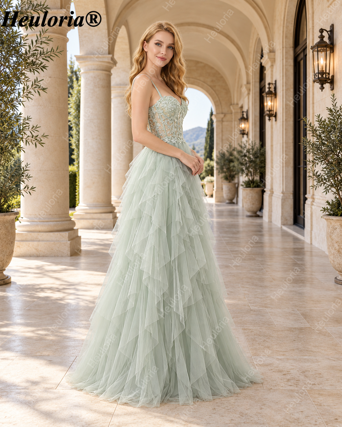 heuloria Dusty Green Floral Corset Tulle Prom Dress with Cascading Ruffles ed-518