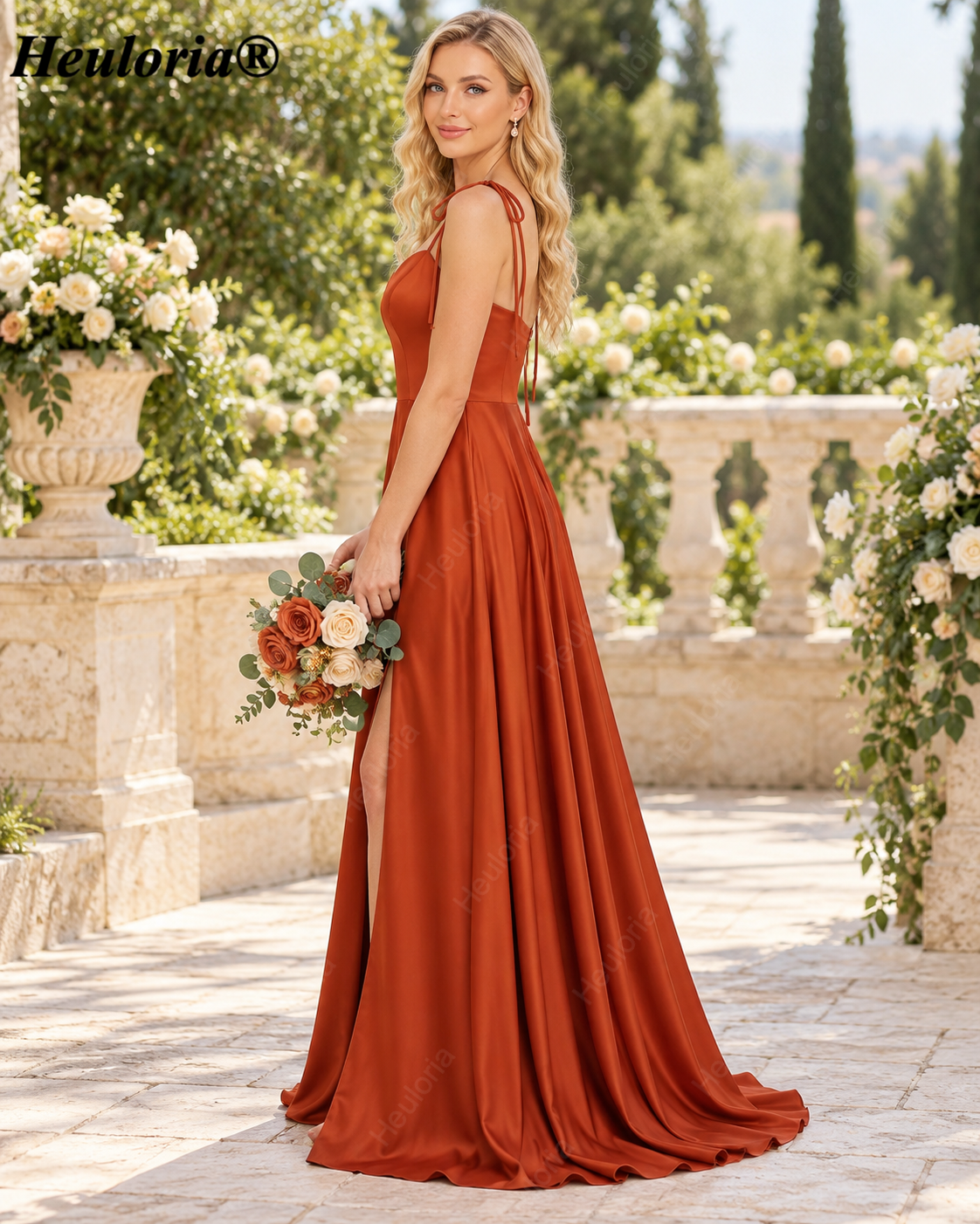 HEULORIA Rust Satin A-Line Bridesmaid Dress with Tie Straps and High Slit – ED-249