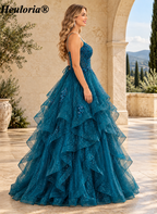 HEULORIA Sparkly Floral Applique Tiered Tulle Ball Gown Prom Dress with Lace-Up Back ED-409