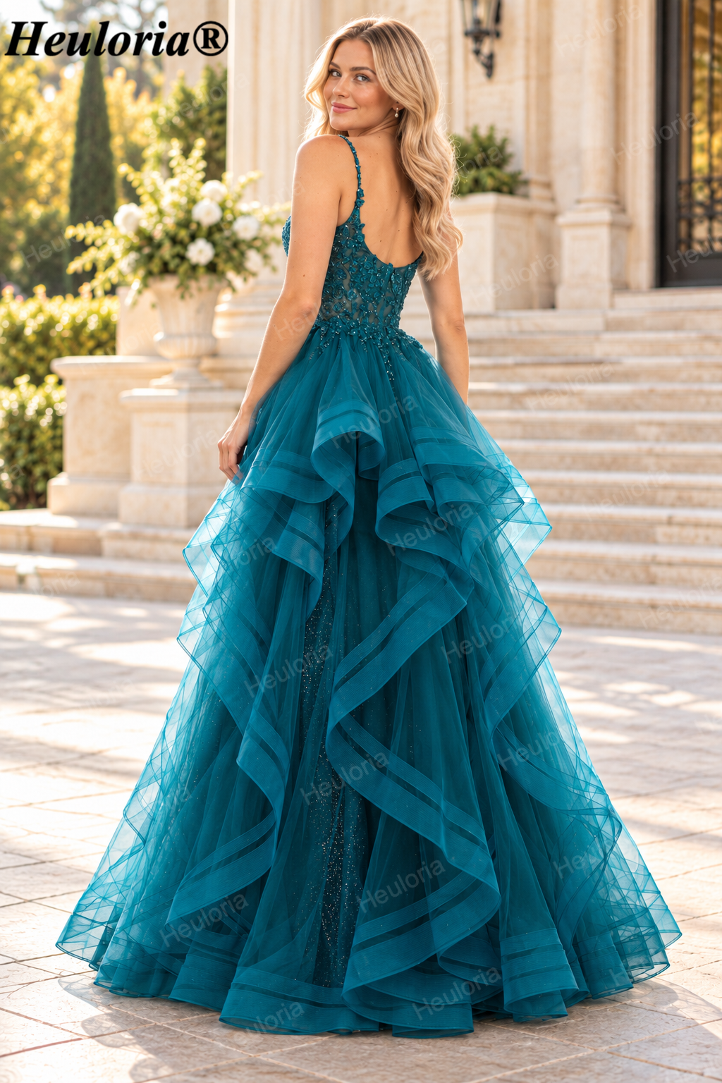 HEULORIA Teal Glitter Tulle A-Line Prom Dress with Beaded Sweetheart Corset and Tiered Ruffles ED-401