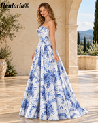 HEULORIA Blue Toile Satin Strapless A-Line Prom Dress with Corset Bodice and High Slit ED-513