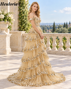 HEULORIA Gold Sequin Off-the-Shoulder Tiered Tulle A-Line Prom Dress ED-365