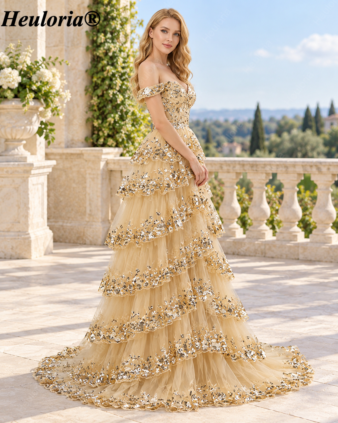 HEULORIA Gold Sequin Off-the-Shoulder Tiered Tulle A-Line Prom Dress ED-365