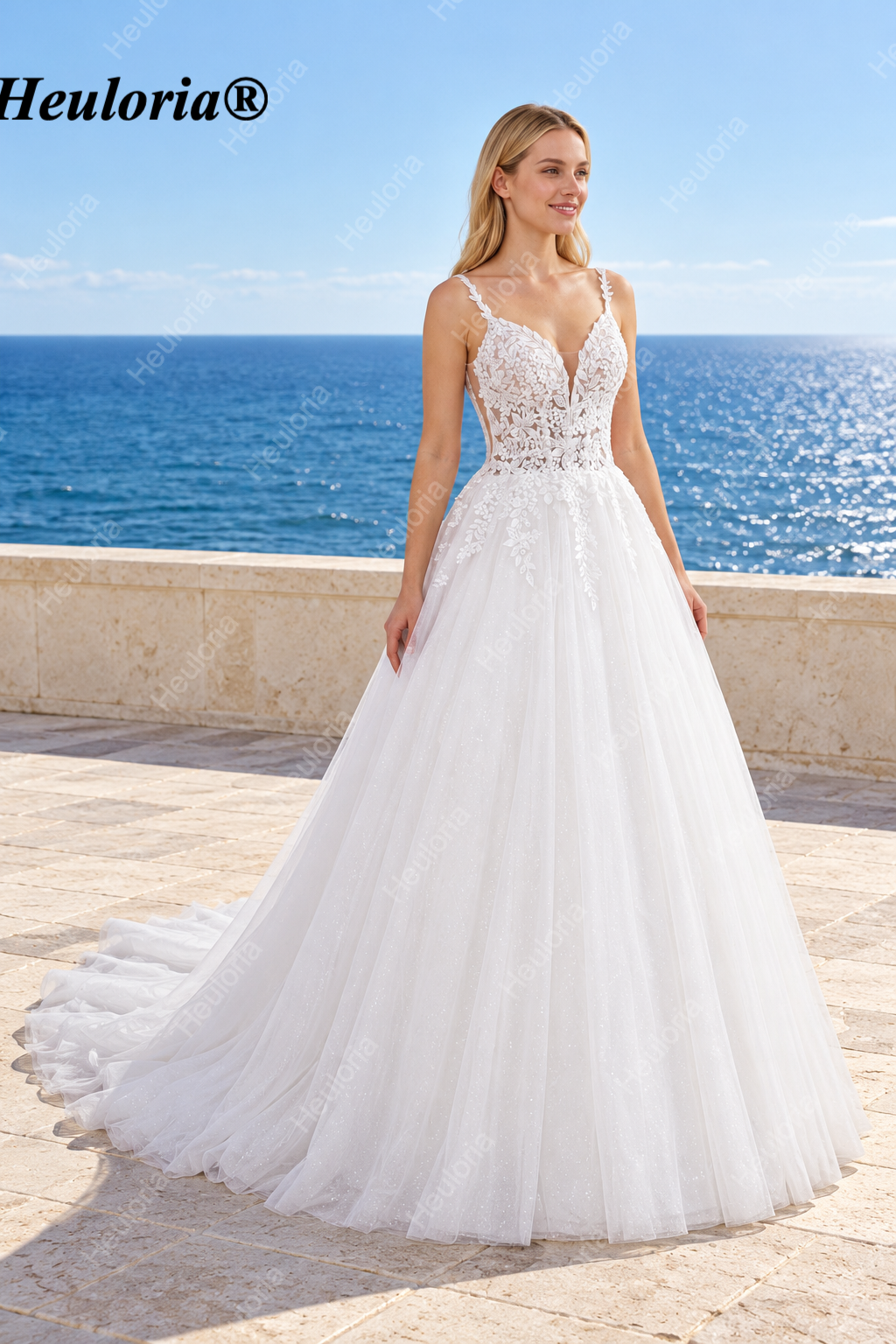 Deep V Leaf Lace Glitter Ball Gown Wedding Dress with Corset AL-1057 Imagen principal del producto