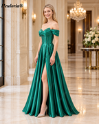 HEULORIA Emerald Green Satin Off Shoulder Prom Dress with Beaded Corset Bodice and High Slit ED-586
