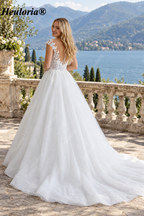 Illusion Deep V Lace Ball Gown Wedding Dress with Cap Sleeves BA-1090