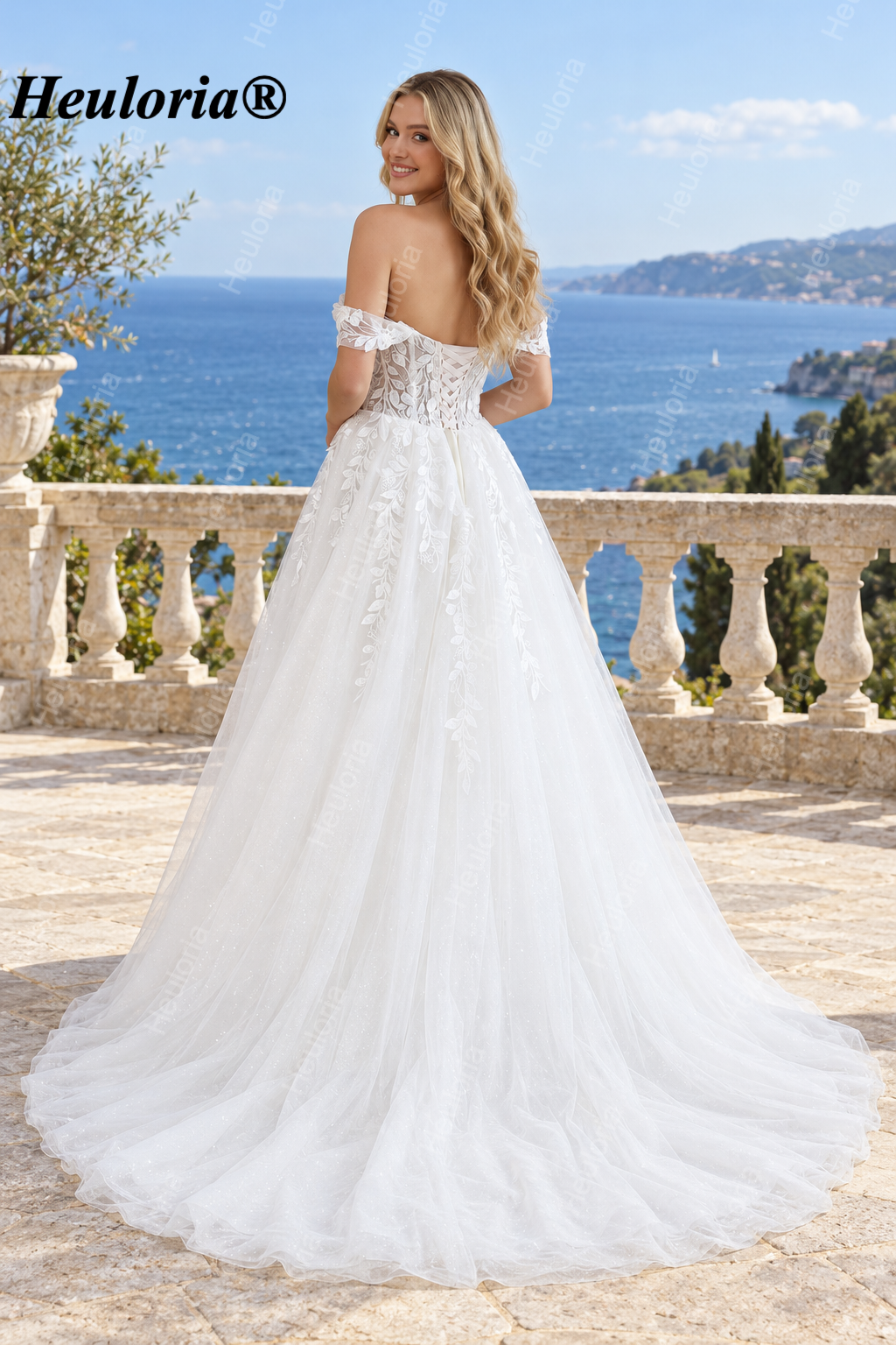 Off-Shoulder 3D Floral Glitter A-Line Wedding Dress with Corset AL-1068