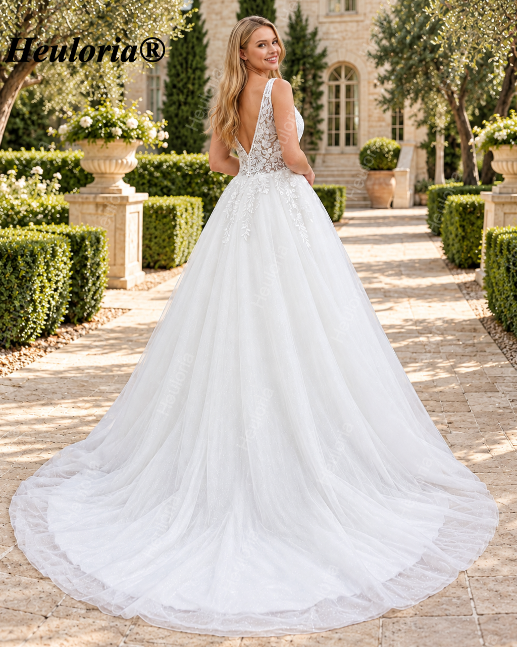 Deep V 3D Floral Shimmer A-Line Wedding Dress AL-1056