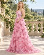 HEULORIA Blue and White Floral Strapless Tiered Organza Ball Gown Prom Dress – ED-233