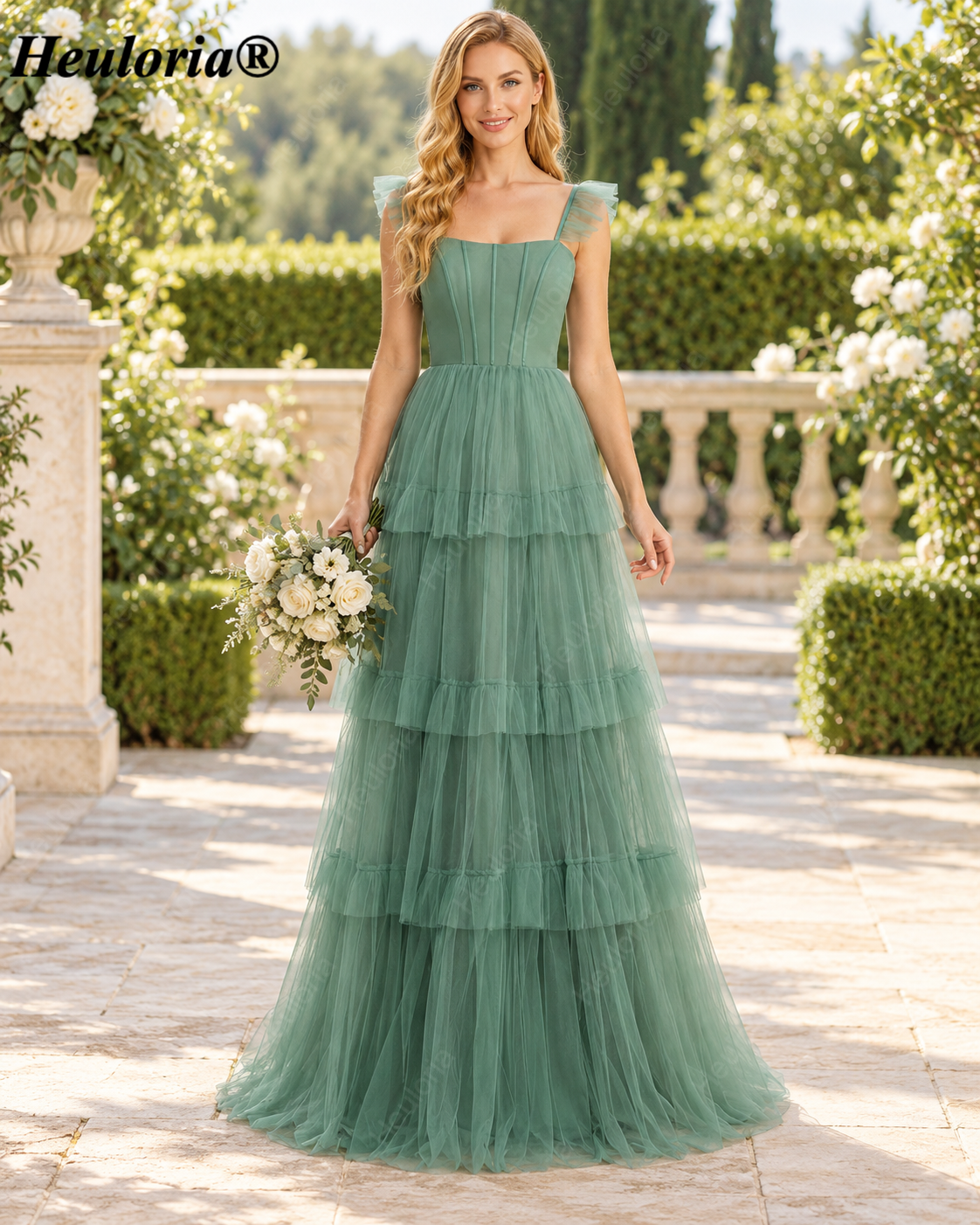 HEULORIA Dusty Sage Square Neck Tiered Tulle A-Line Prom Dress with Ruffle Straps and Corset Back ED-226