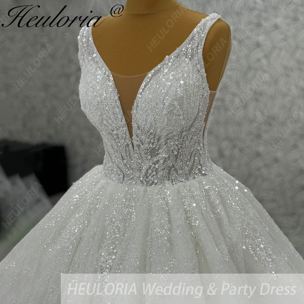 Heuloria Shimmering Deep V-Neck Glitter Ball Gown Wedding Dress - Sequined Lace Illusion Bodice) BA-1019