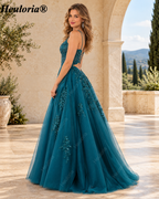 HEULORIA Emerald Floral Sequin A-Line Prom Dress with Plunging V-Neck and Open Back ED-407