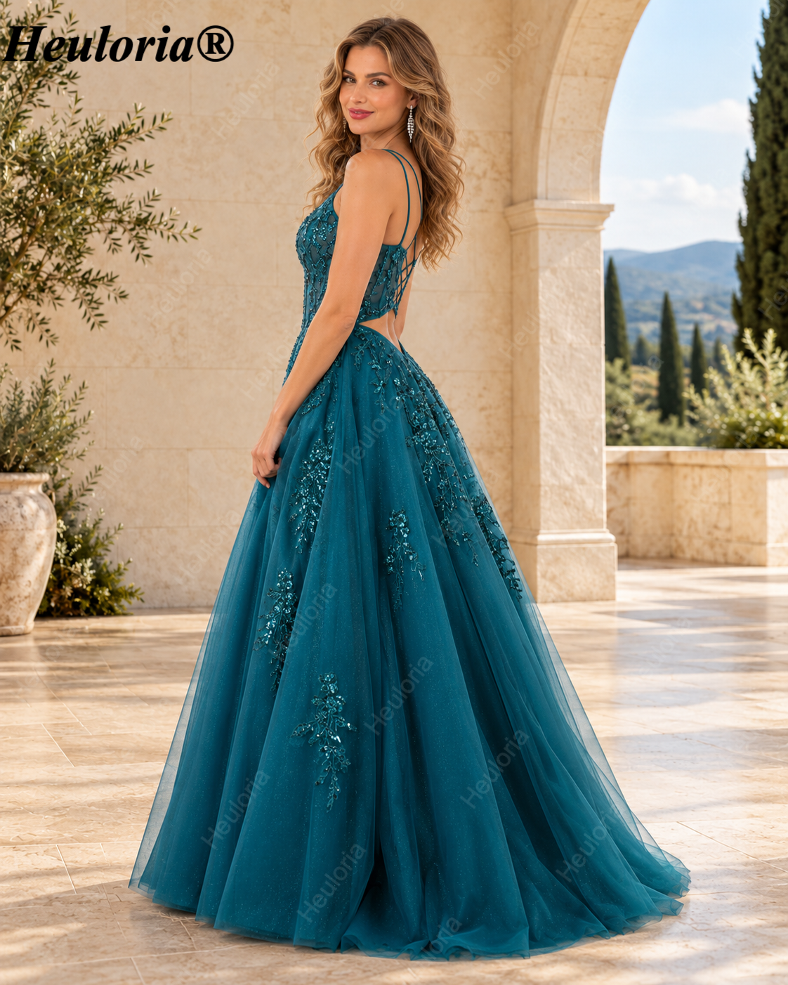 HEULORIA Emerald Floral Sequin A-Line Prom Dress with Plunging V-Neck and Open Back ED-407