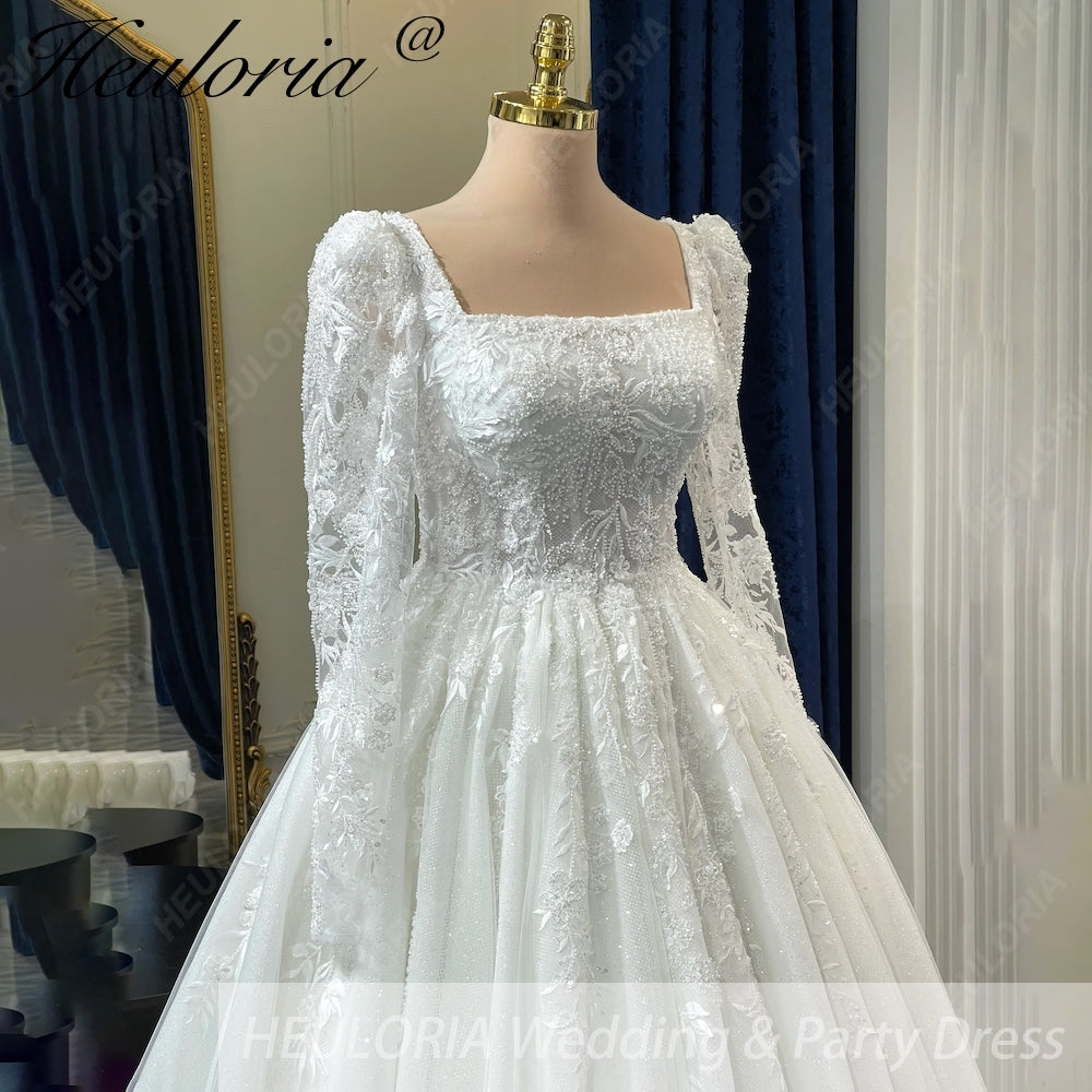 HEULORIA Elegant Square Neck Long Sleeve Lace A-Line Wedding Dress with Shimmer Tulle and Cathedral Train BA-1210
