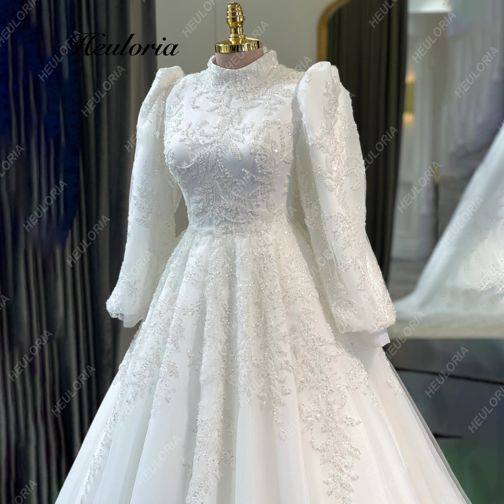 HEULORIA Royal High-Neck Lace Wedding Dress with Romantic Bishop Sleeves and Cathedral Train Muslim wedding dress  BA-1206