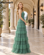 heuloria Eucalyptus Square Neck Tulle Bridesmaid Dress with Ruffle Details ed-550