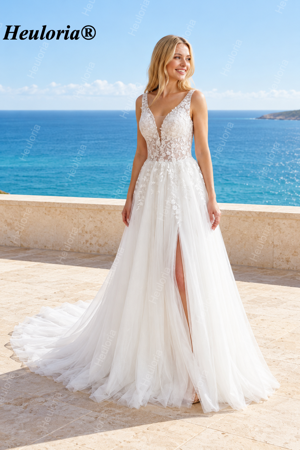 Deep V Botanical Lace A-Line Wedding Dress with Slit AL-1065 Imagen principal del producto
