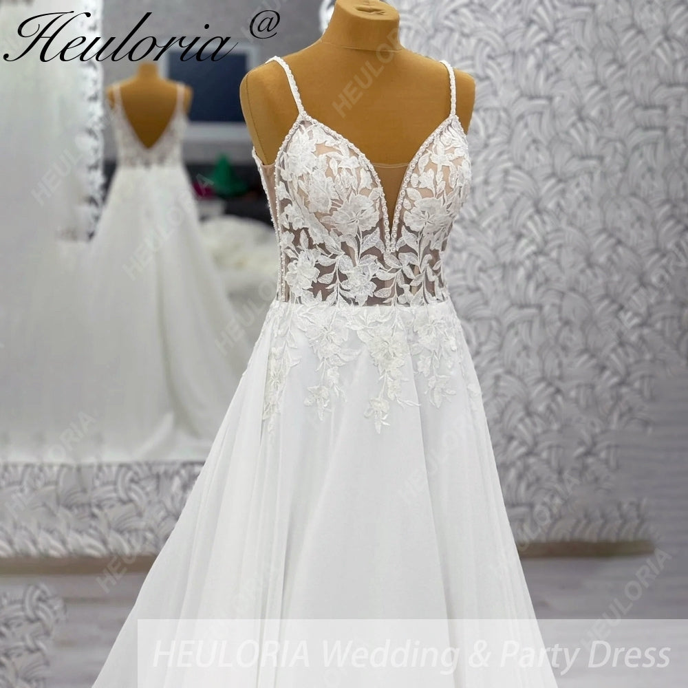 HEULORIA Ethereal V-Neck A-Line Lace Wedding Dress with Delicate Spaghetti Straps and Illusion Bodice #AL-997