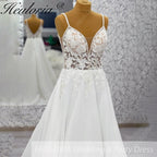 HEULORIA Ethereal V-Neck A-Line Lace Wedding Dress with Delicate Spaghetti Straps and Illusion Bodice #AL-997