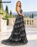 HEULORIA Strapless Sweetheart Floral Tiered Tulle Prom Dress ED-573