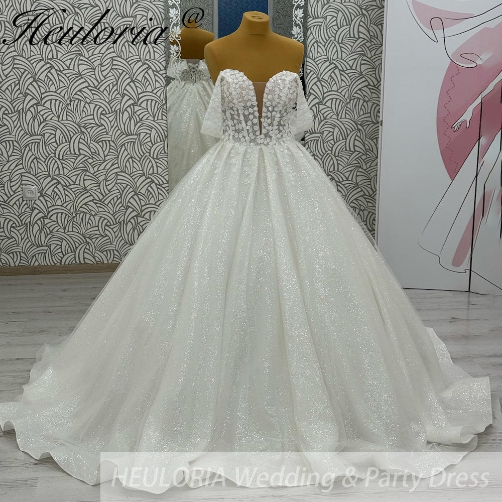 HEULORIA Sparkly Glitter Wedding dress Off The Shoulder 2025 Luxury Women Church Beach Bride Dresses Floral Lace Customized BA-1108 Immagine principale del prodotto