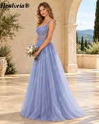 HEULORIA Lavender Square-Neck Lace Tulle A-Line Prom Dress with Illusion Corset Bodice ED-502