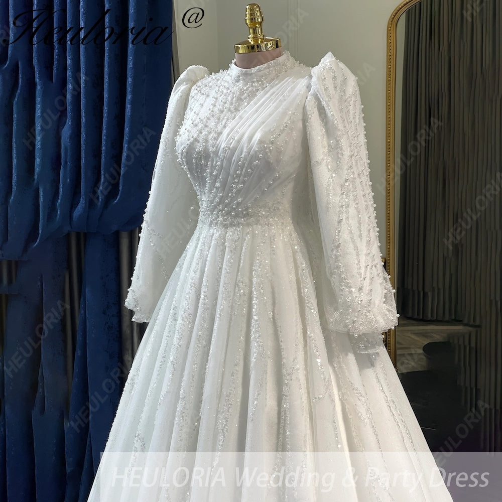 HEULORIA Regal High-Neck Beaded Wedding Dress: Sparkling Sequin A-Line Gown with Bishop Sleeves Muslim wedding dress  BA-1205