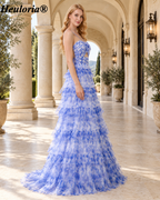 HEULORIA Blue Floral Tiered Tulle A-Line Prom Dress with Cutout Bodice ED-342