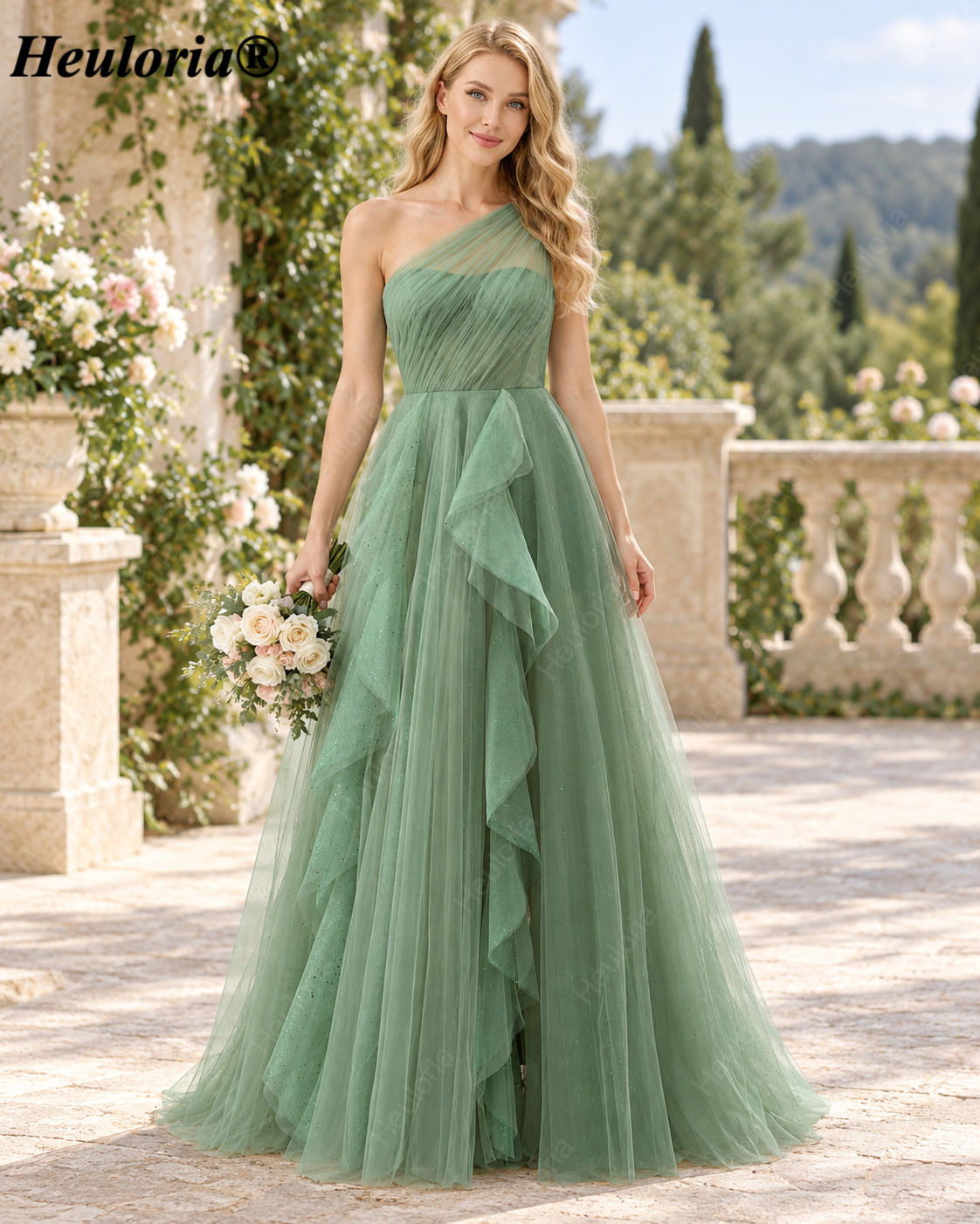 HEULORIA Navy Blue One-Shoulder Glitter Tulle A-Line Prom Dress with Ruffle Skirt – ED-250 Image principale du produit