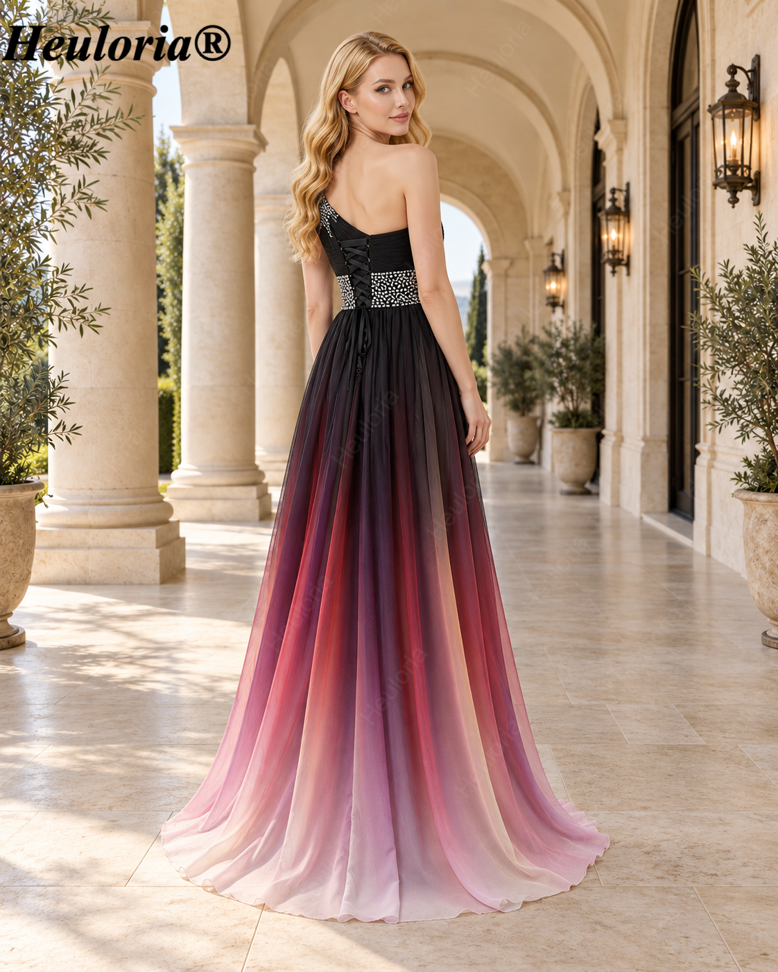HEULORIA One-Shoulder Beaded Chiffon A-Line Evening Dress with Corset Back – ED-7P Secondary image