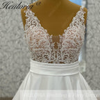 HEULORIA Exquisite Deep V-Neck Lace Applique Satin A-Line Wedding Dress with Cathedral Train AL-1030