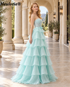 heuloria Strapless Lace Tiered Ruffle Prom Dress with Bow Waist ed-514
