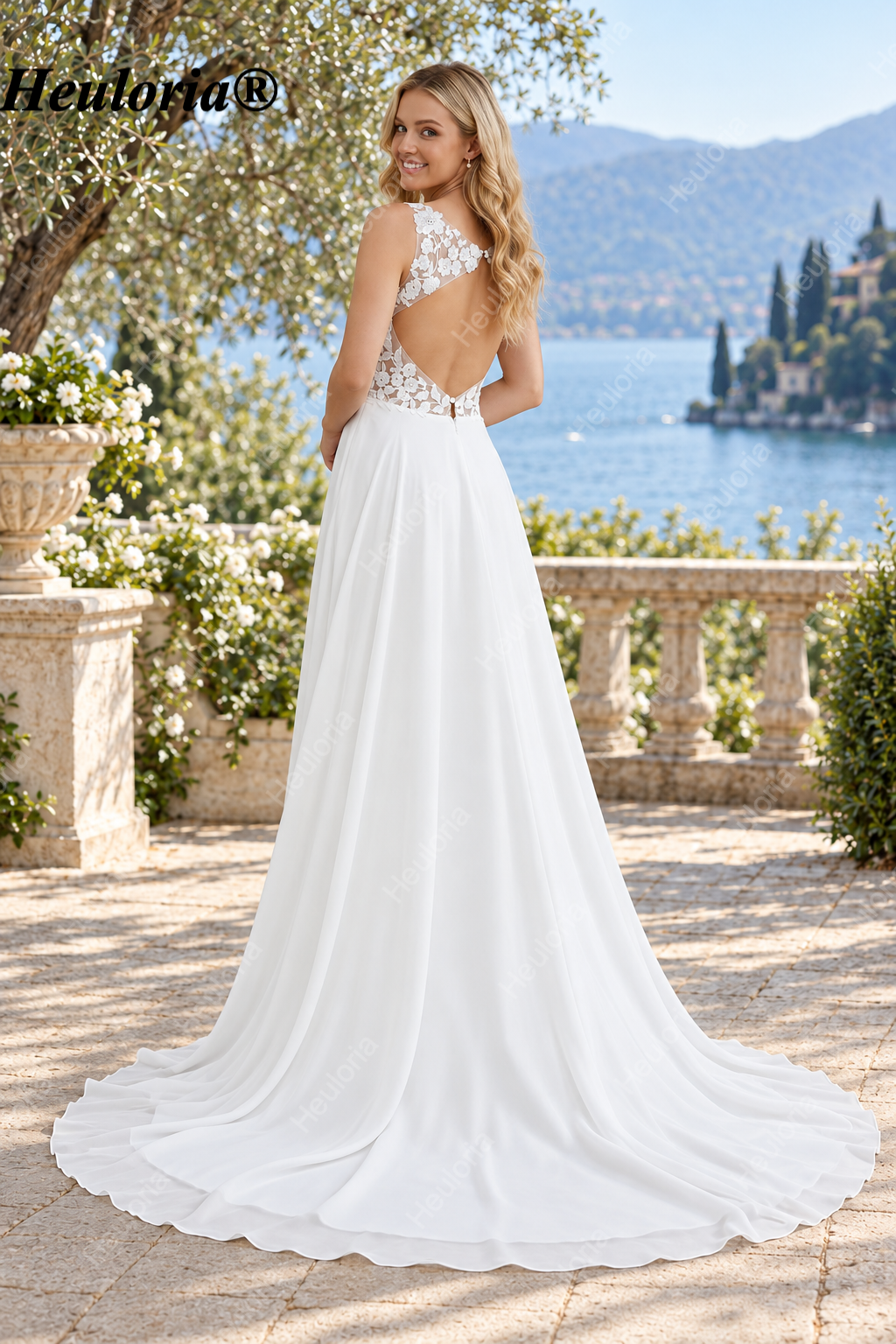 Illusion Deep V Lace Chiffon A-Line Wedding Dress with Keyhole Back AL-1046 Imagen secundaria del producto